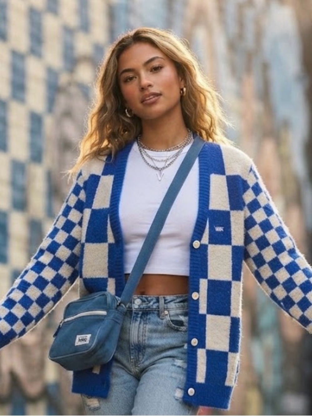 Vans Blue and White  Checkerboard Cardigan Sweater with pockets size Large